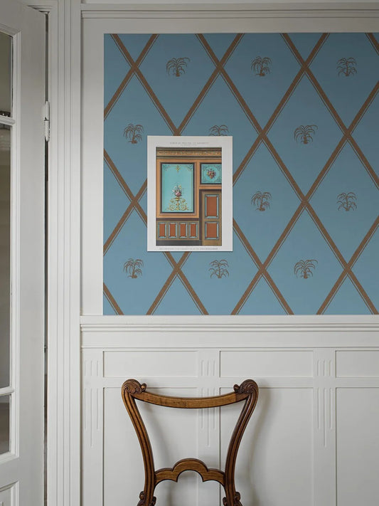 This Medin&nbsp;a wallpaper, designed by Dagobert Peche in around 1914, is presented here in a new blue and brown colorway.