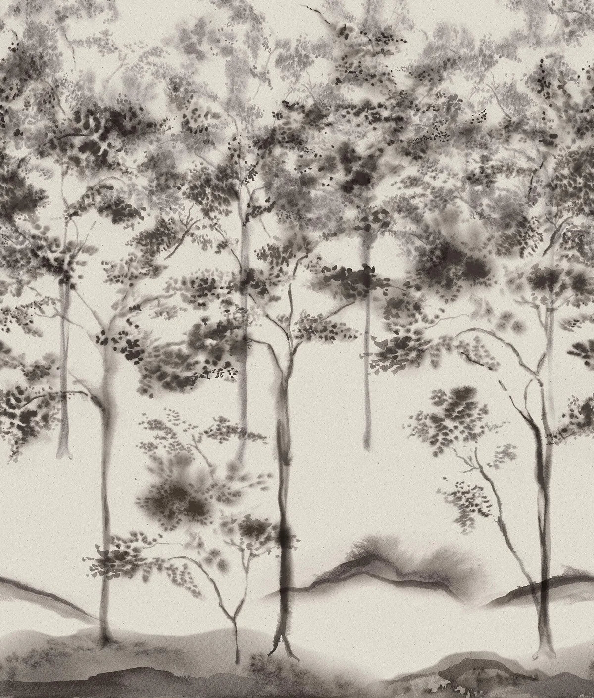 Here, Ink Forest is shown in a gentle greyscale palette on a light base. The design is printed custom fit to your wall.