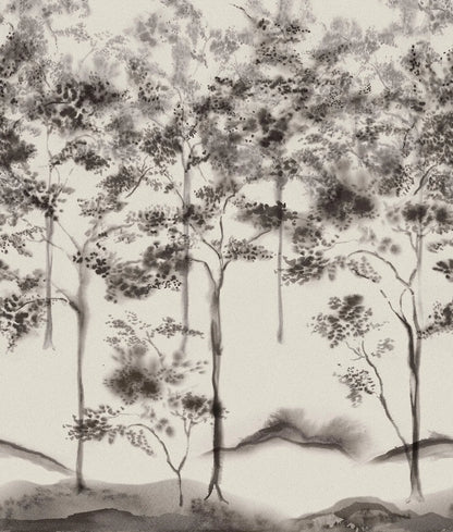 Here, Ink Forest is shown in a gentle greyscale palette on a light base. The design is printed custom fit to your wall.