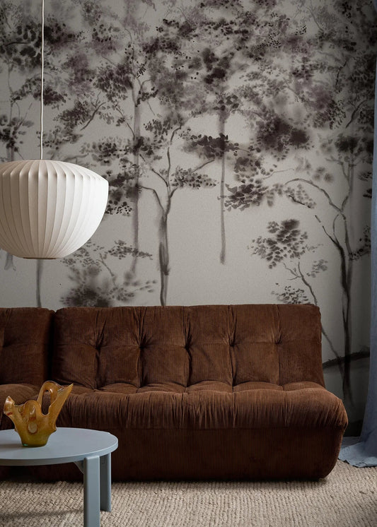 Here, Ink Forest is shown in a gentle greyscale palette on a light base. The design is printed custom fit to your wall.