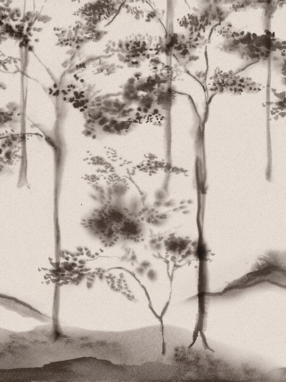 Here, Ink Forest is shown in a gentle greyscale palette on a light base. The design is printed custom fit to your wall.