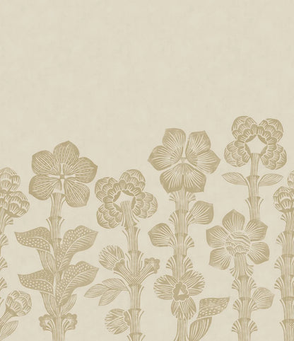Storflax is a bright, playful mural wallpaper featuring a graphic pattern of pale yellow fantasy flowers stretching from the floor to the ceiling over a lightly textured, warm beige base.