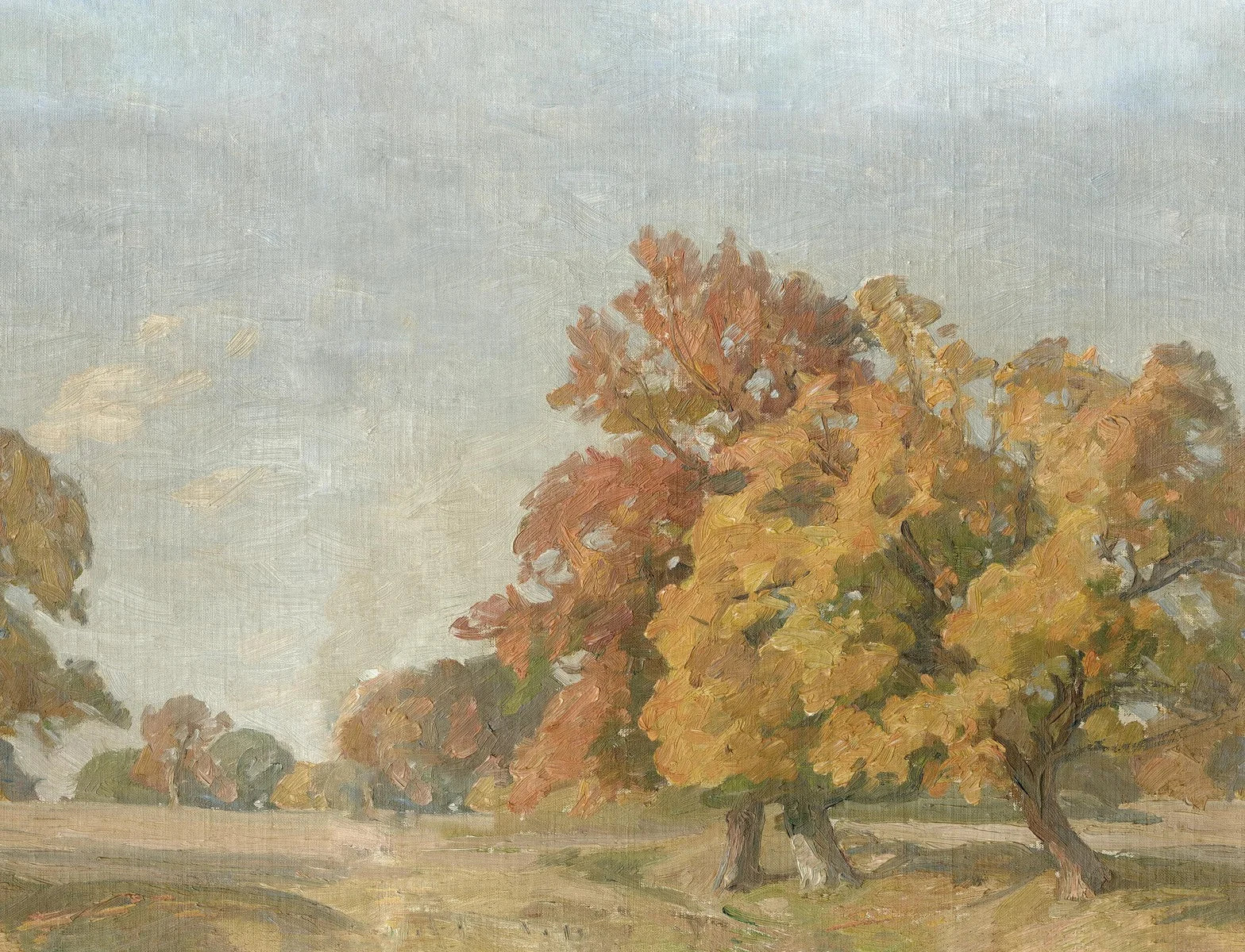 The mural wallpaper Hedgerow Landscape stretches across the wall like a gigantic oil painting. An open landscape with vast grasslands and towering trees – the print captures every brushstroke, giving this wallpaper a vibrant, artistic expression.