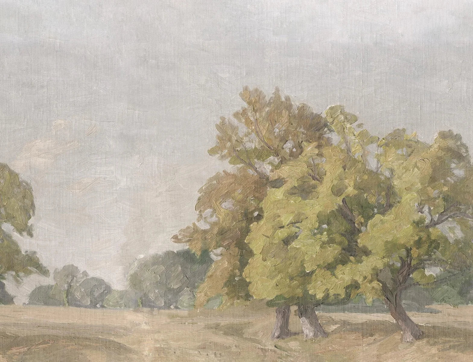 In the wallpaper Hedgerow Landscape’s open landscape, bushes and towering oaks emerge against a light grey-blue sky, as if on a large mural. 