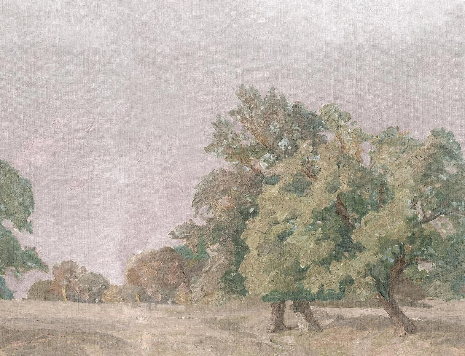 Like a large oil painting, the Hedgerow Landscape wallpaper stretches across the wall – an open landscape with softly shaped trees in hazy evening light.
