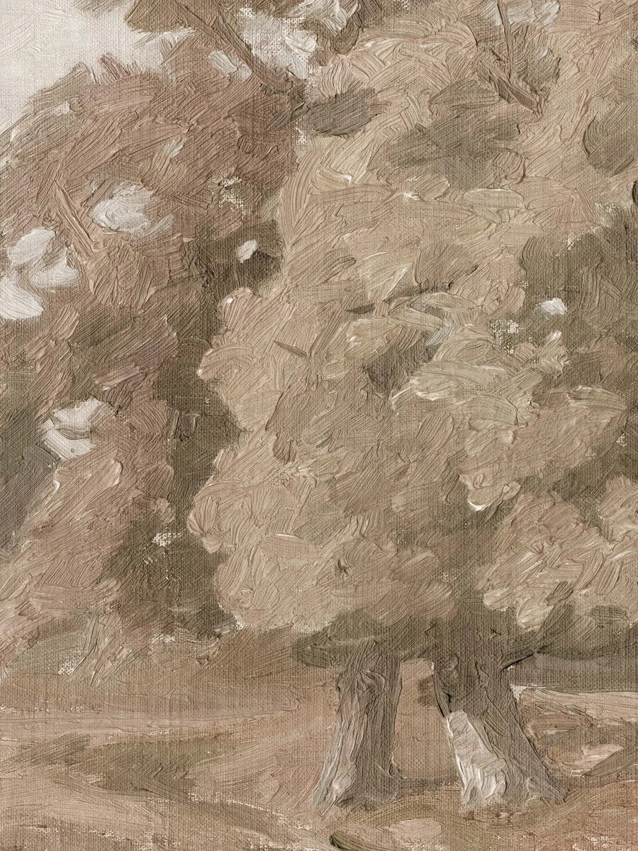 The Hedgerow Landscape mural wallpaper features a wide, open landscape with large, beautiful treetops silhouetted against a warm grey sky. 