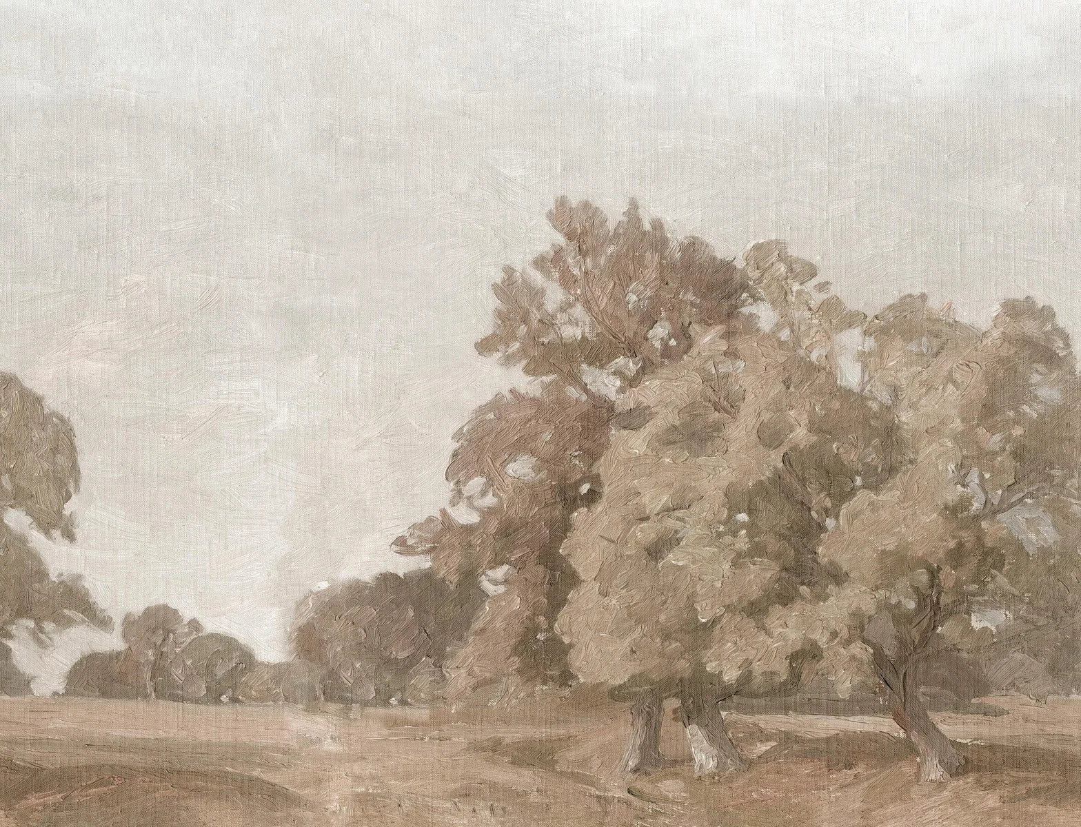 The Hedgerow Landscape mural wallpaper features a wide, open landscape with large, beautiful treetops silhouetted against a warm grey sky. 
