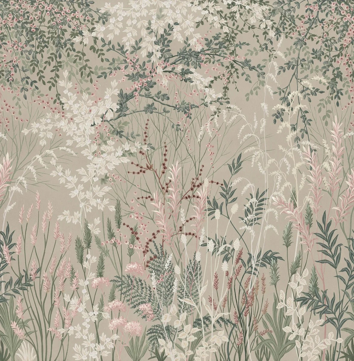 The large-scale mural wallpaper Hawthorn depicts a blooming meadow – or perhaps a wild garden.