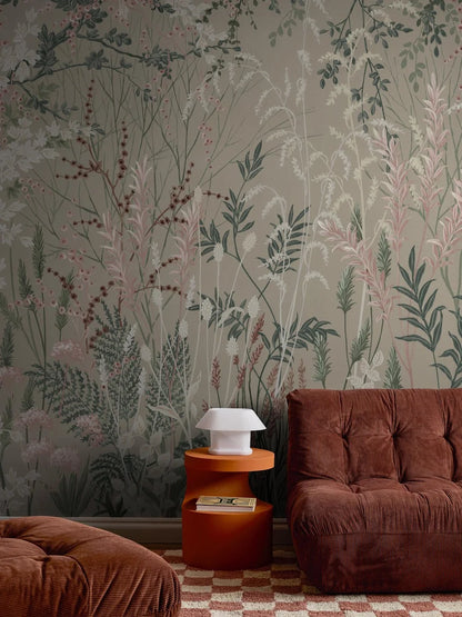 The large-scale mural wallpaper Hawthorn depicts a blooming meadow – or perhaps a wild garden.