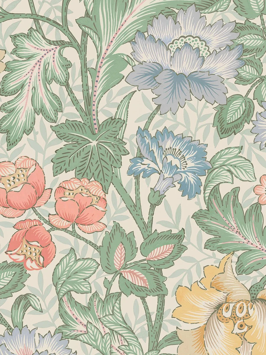 Featuring florals in bright and lovely red, yellow, blue and purple shades and foliage in soft green tones, our Jane wallpaper brings to the mind the sweet scents and sights of an English spring day. 