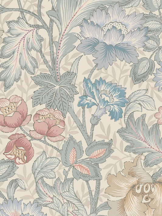 Featuring florals in muted shades of blue, yellow and red set on a soft, light grey-beige background, our Jane wallpaper is sophisticated and elegant yet full of cosy expression.