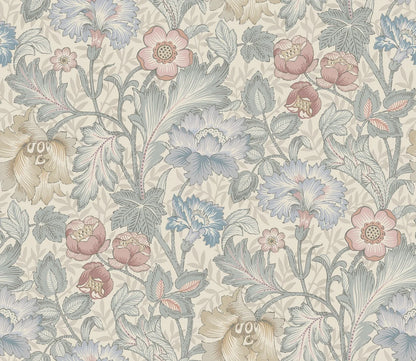 Featuring florals in muted shades of blue, yellow and red set on a soft, light grey-beige background, our Jane wallpaper is sophisticated and elegant yet full of cosy expression.