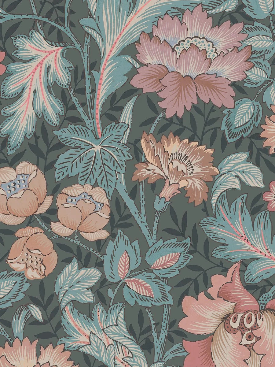 Featuring a dramatic and striking dark grey-black background with a bright multicolored floral pattern, our Jane wallpaper has a beautiful depth, 