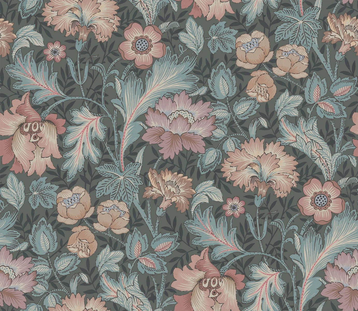 Featuring a dramatic and striking dark grey-black background with a bright multicolored floral pattern, our Jane wallpaper has a beautiful depth, 