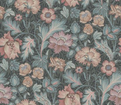 Featuring a dramatic and striking dark grey-black background with a bright multicolored floral pattern, our Jane wallpaper has a beautiful depth, 