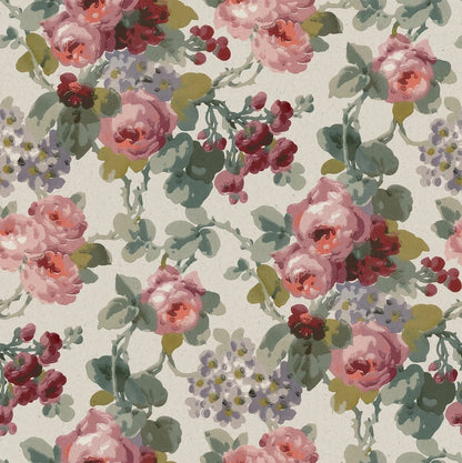 Colored in a palette of red, pink and green on a warm neutral background, our Madame wallpaper evokes the scent and warmth of a summer garden.