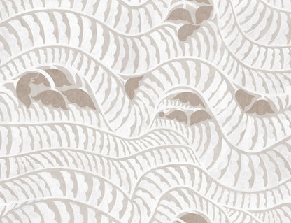 The light, graphic Garden Bell wallpaper is covered from floor to ceiling in a flowing, abstract pattern – like a meandering walk along winding gravel paths and blooming gardens