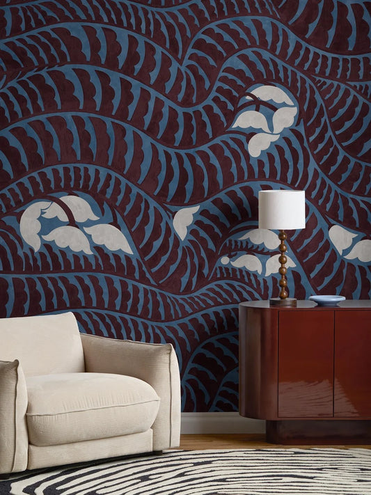 Garden Bell is a graphic mural wallpaper with an abstract, flowing pattern created by designer Cecilia Pettersson.