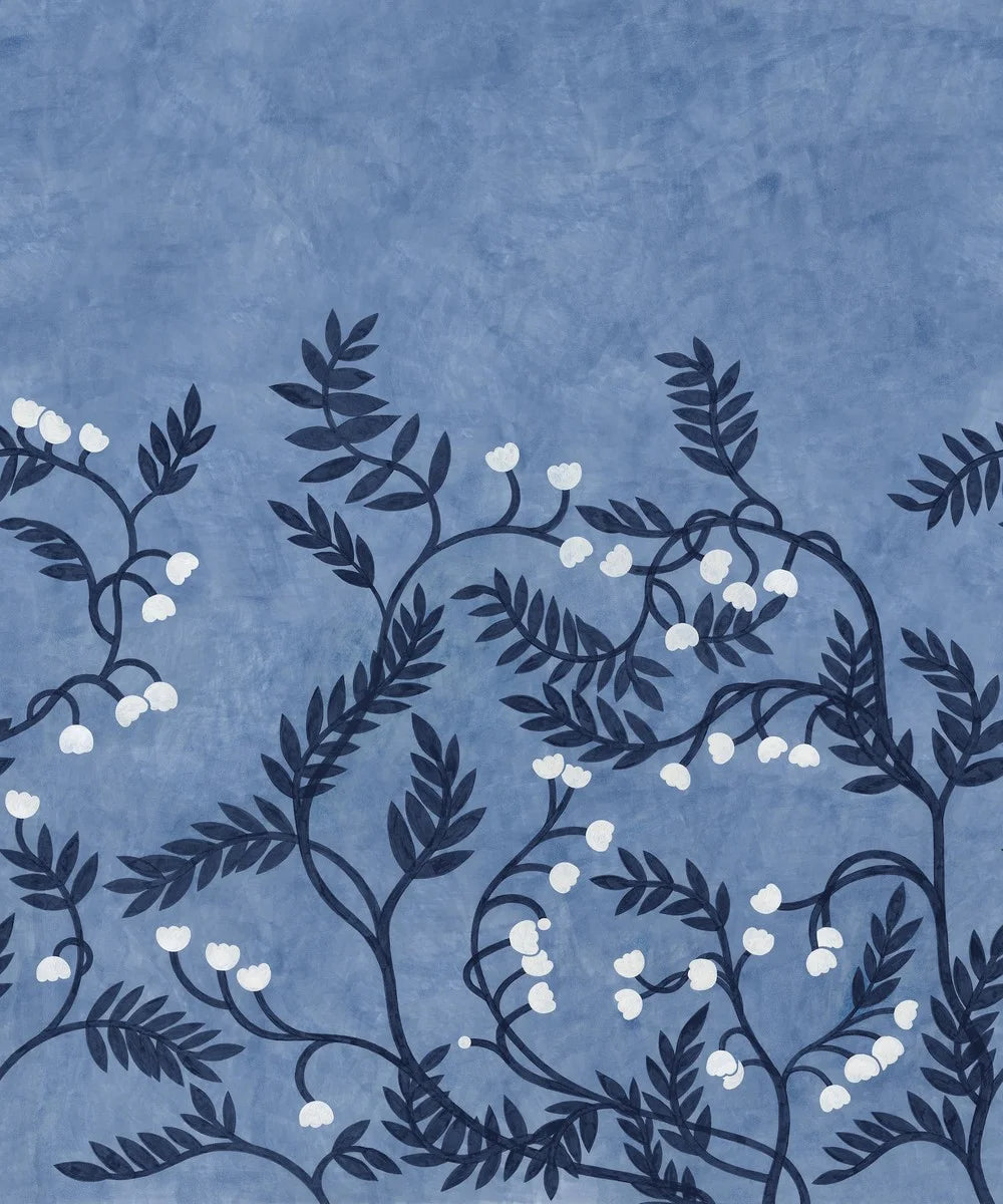 The Whispering Bell mural wallpaper is adorned with a sculptural pattern of stems and leaves, with small delicate flower bells appearing here and there in contrasting colors