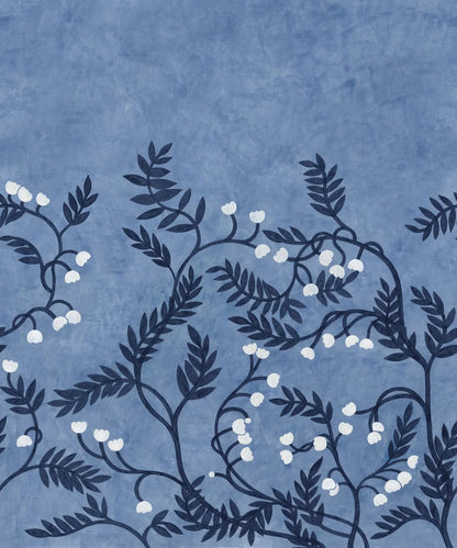 The Whispering Bell mural wallpaper is adorned with a sculptural pattern of stems and leaves, with small delicate flower bells appearing here and there in contrasting colors