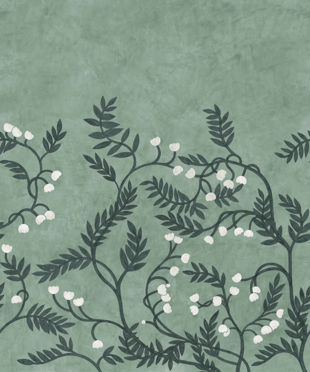 The Whispering Bell mural wallpaper is covered in winding branches with beautifully cut leaves and sweet little flower bells