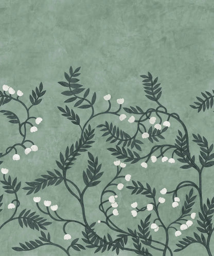 The Whispering Bell mural wallpaper is covered in winding branches with beautifully cut leaves and sweet little flower bells