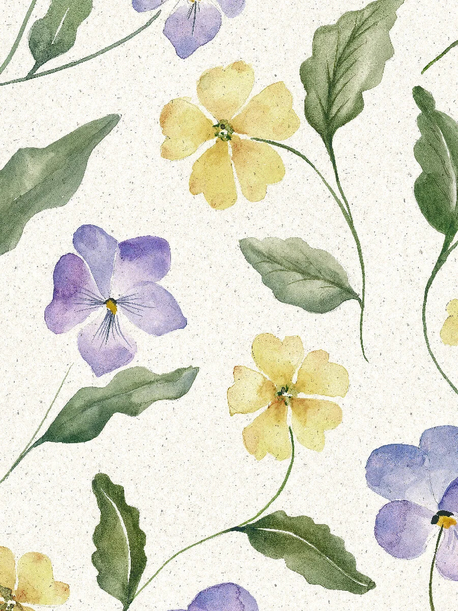  The wallpaper is hand-painted in purple, blue and pale yellow on a light beige background with a paper-like texture, reminiscent of unbleached pressed paper. 