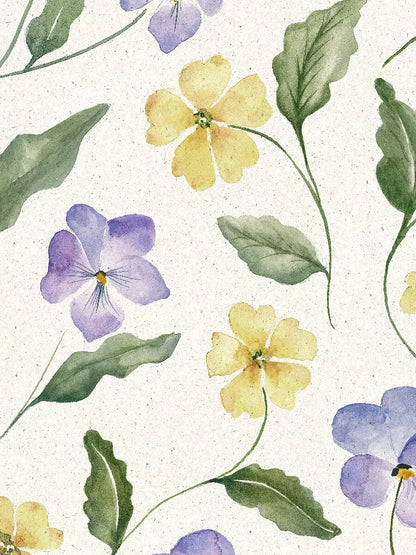  The wallpaper is hand-painted in purple, blue and pale yellow on a light beige background with a paper-like texture, reminiscent of unbleached pressed paper. 