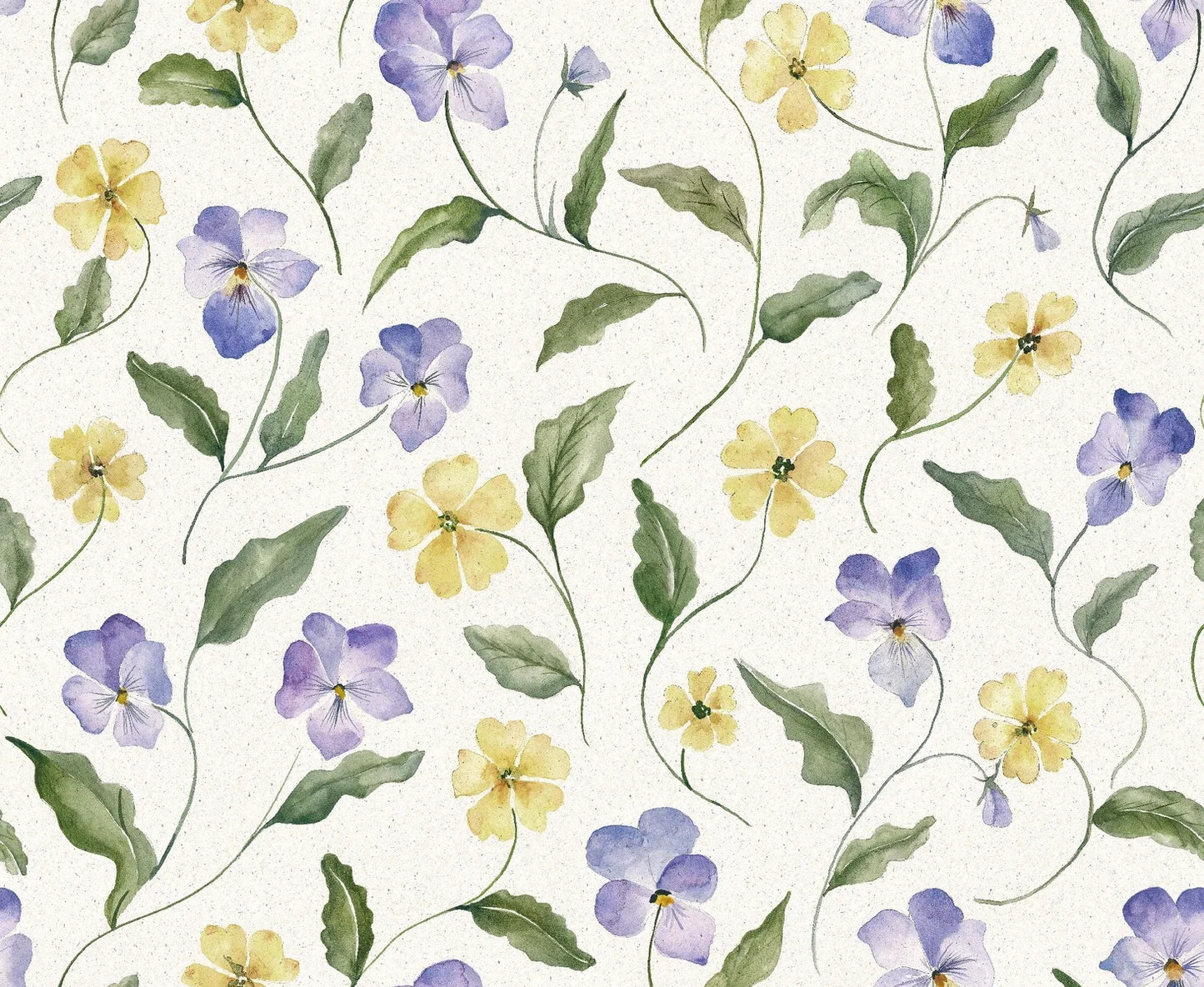  The wallpaper is hand-painted in purple, blue and pale yellow on a light beige background with a paper-like texture, reminiscent of unbleached pressed paper. 