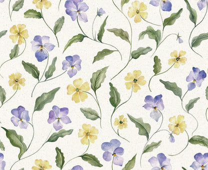  The wallpaper is hand-painted in purple, blue and pale yellow on a light beige background with a paper-like texture, reminiscent of unbleached pressed paper. 