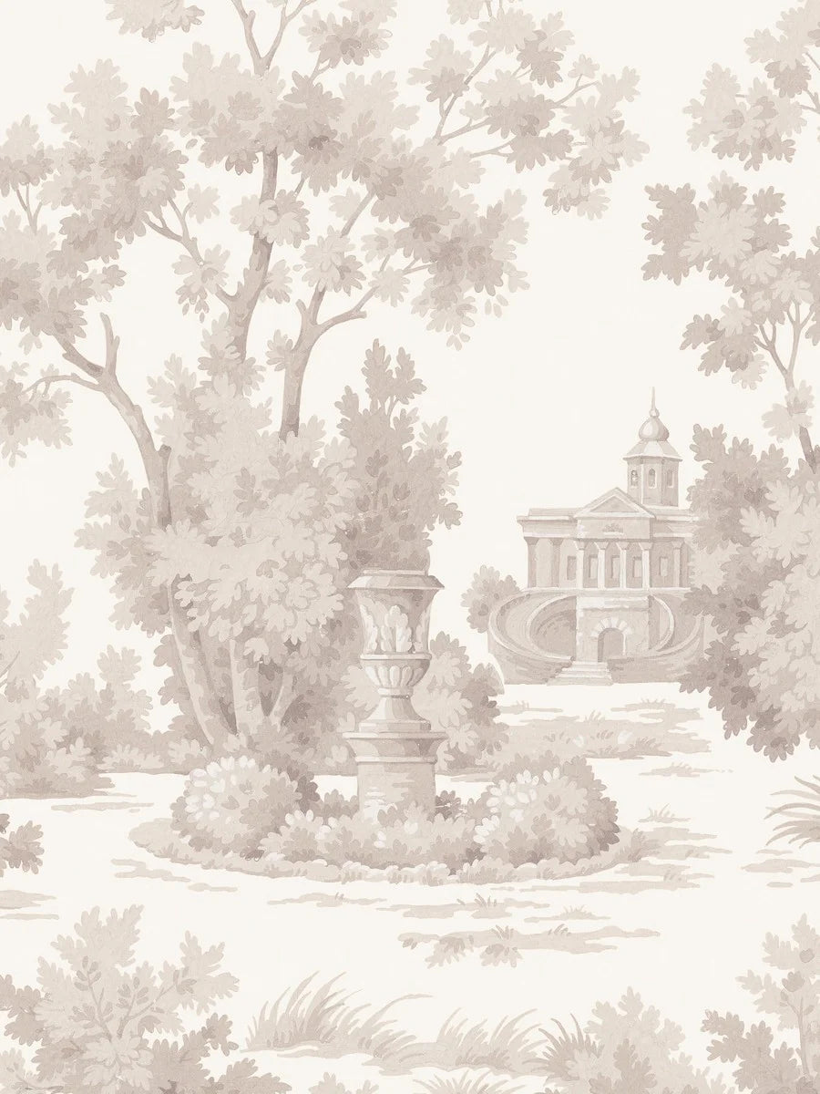 Grisaille is a light, decorative wallpaper with a stylized landscape motif in grey-beige tones on a white background.