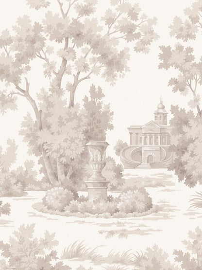 Grisaille is a light, decorative wallpaper with a stylized landscape motif in grey-beige tones on a white background.
