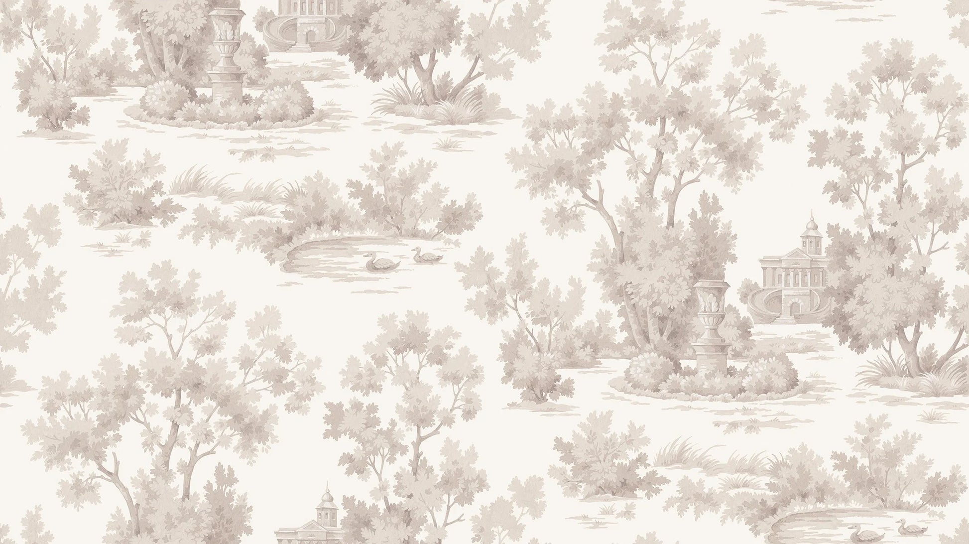 Grisaille is a light, decorative wallpaper with a stylized landscape motif in grey-beige tones on a white background.