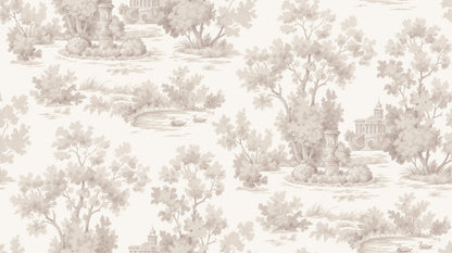 Grisaille is a light, decorative wallpaper with a stylized landscape motif in grey-beige tones on a white background.