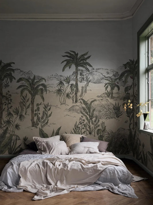  The desert landscape of Palmier Sauvage is hand-painted and then digitally printed, custom fit to your wall. 