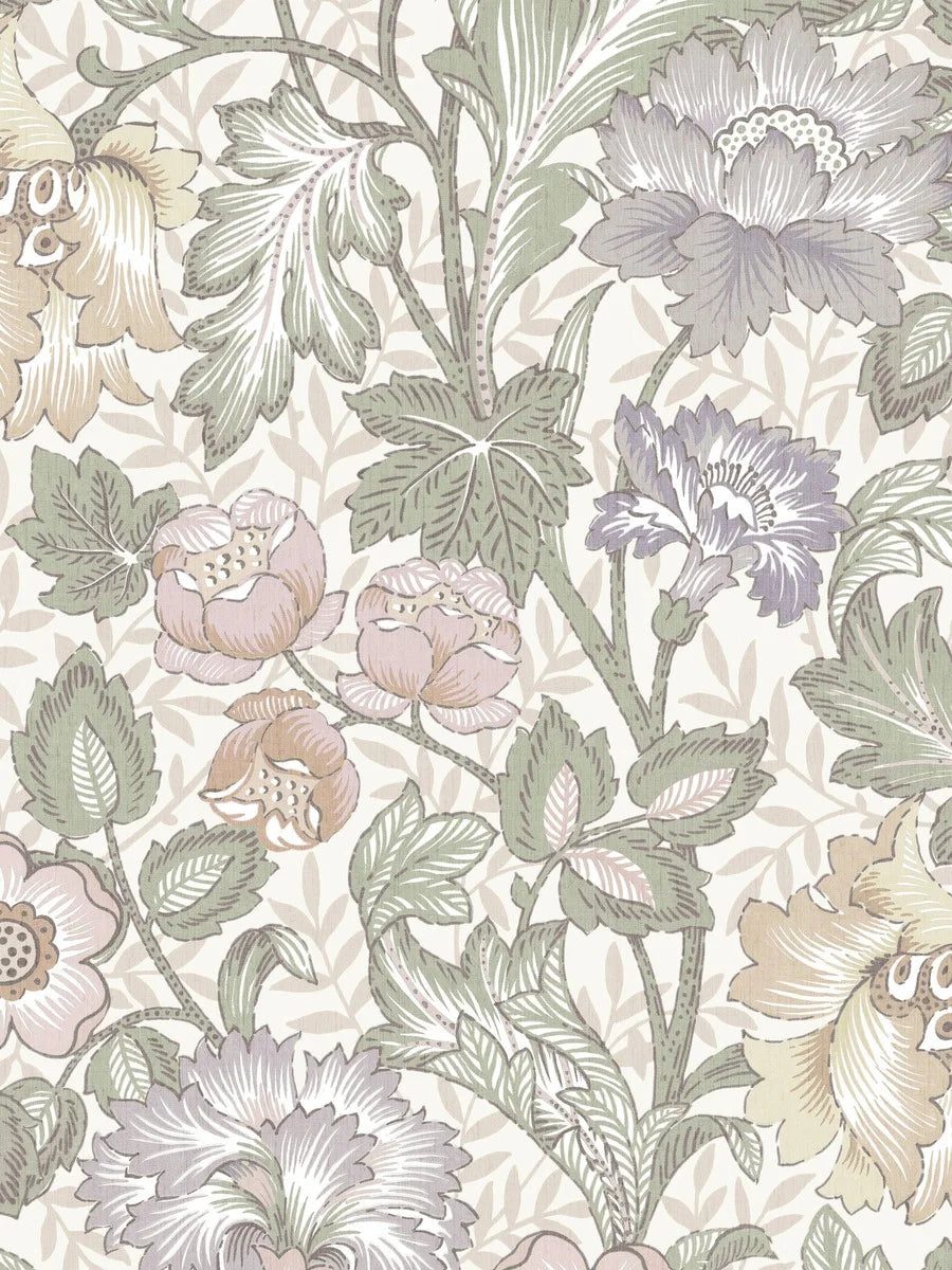  The pattern is a reworked version of a hand-painted wallpaper from our historical archive. Shown here in soft pastel tones on a cream-white background. 