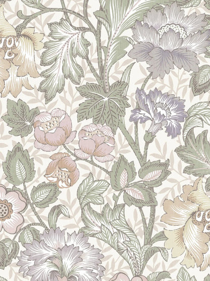  The pattern is a reworked version of a hand-painted wallpaper from our historical archive. Shown here in soft pastel tones on a cream-white background. 