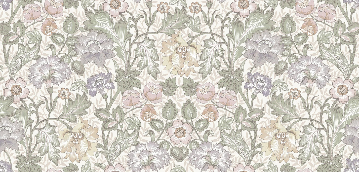  The pattern is a reworked version of a hand-painted wallpaper from our historical archive. Shown here in soft pastel tones on a cream-white background. 