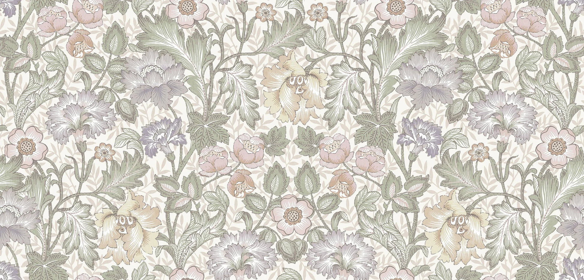  The pattern is a reworked version of a hand-painted wallpaper from our historical archive. Shown here in soft pastel tones on a cream-white background. 