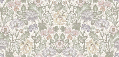  The pattern is a reworked version of a hand-painted wallpaper from our historical archive. Shown here in soft pastel tones on a cream-white background. 