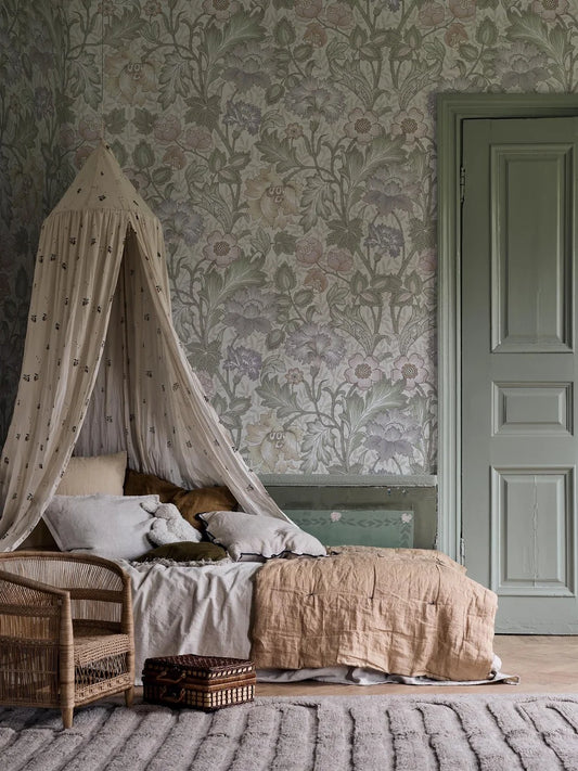  The pattern is a reworked version of a hand-painted wallpaper from our historical archive. Shown here in soft pastel tones on a cream-white background. 