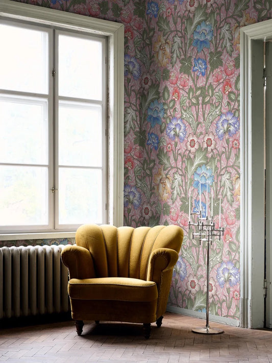 The floral Arts and Crafts wallpaper dress the entire room in abundant floral splendor.