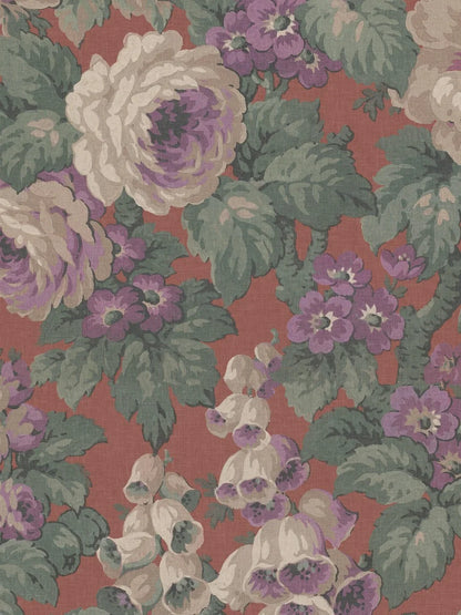 The large-flowered wallpaper Rose Magnifique is covered in roses, foxgloves, and other blooms in a lively, lush pattern