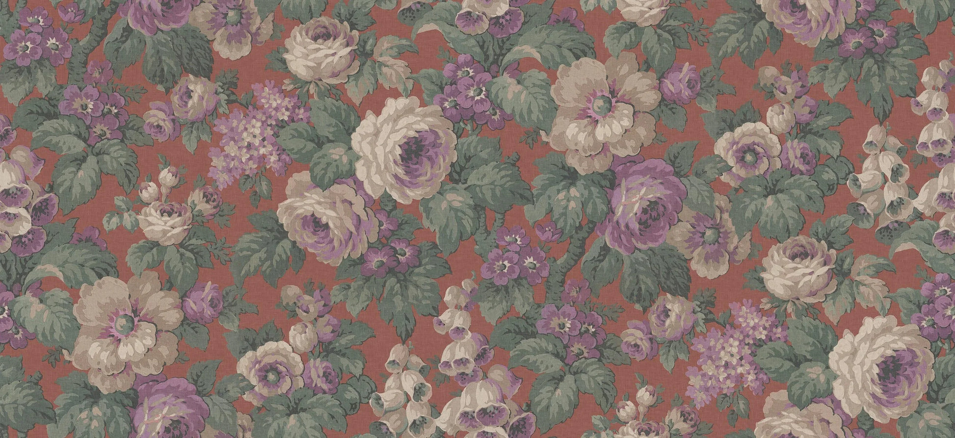 The large-flowered wallpaper Rose Magnifique is covered in roses, foxgloves, and other blooms in a lively, lush pattern