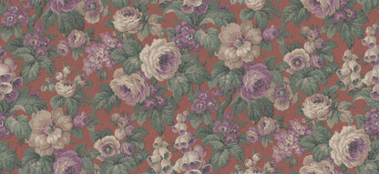 The large-flowered wallpaper Rose Magnifique is covered in roses, foxgloves, and other blooms in a lively, lush pattern
