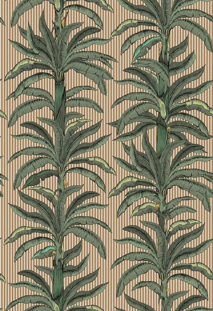 The grand Rayure Palmier wallpaper brings an elegant, tropical atmosphere to the room.