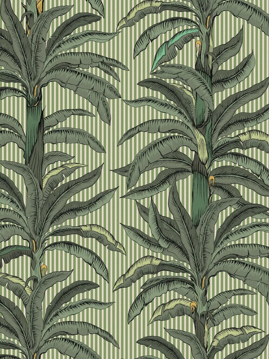 Wallpaper printed on demand, fully custom fit to your wall. Shown here in a fresh green palette with palms on a light green background.