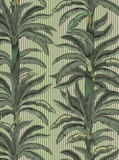 Wallpaper printed on demand, fully custom fit to your wall. Shown here in a fresh green palette with palms on a light green background.