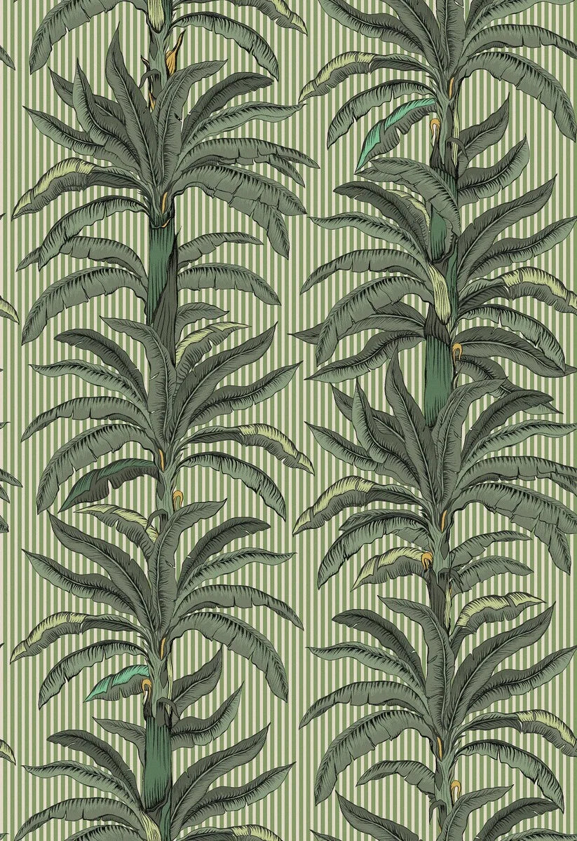 Wallpaper printed on demand, fully custom fit to your wall. Shown here in a fresh green palette with palms on a light green background.