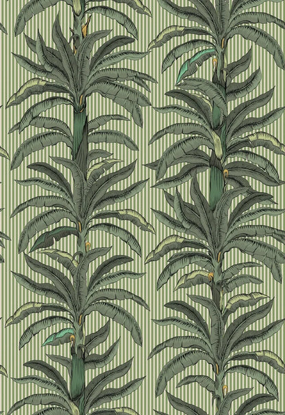 Wallpaper printed on demand, fully custom fit to your wall. Shown here in a fresh green palette with palms on a light green background.